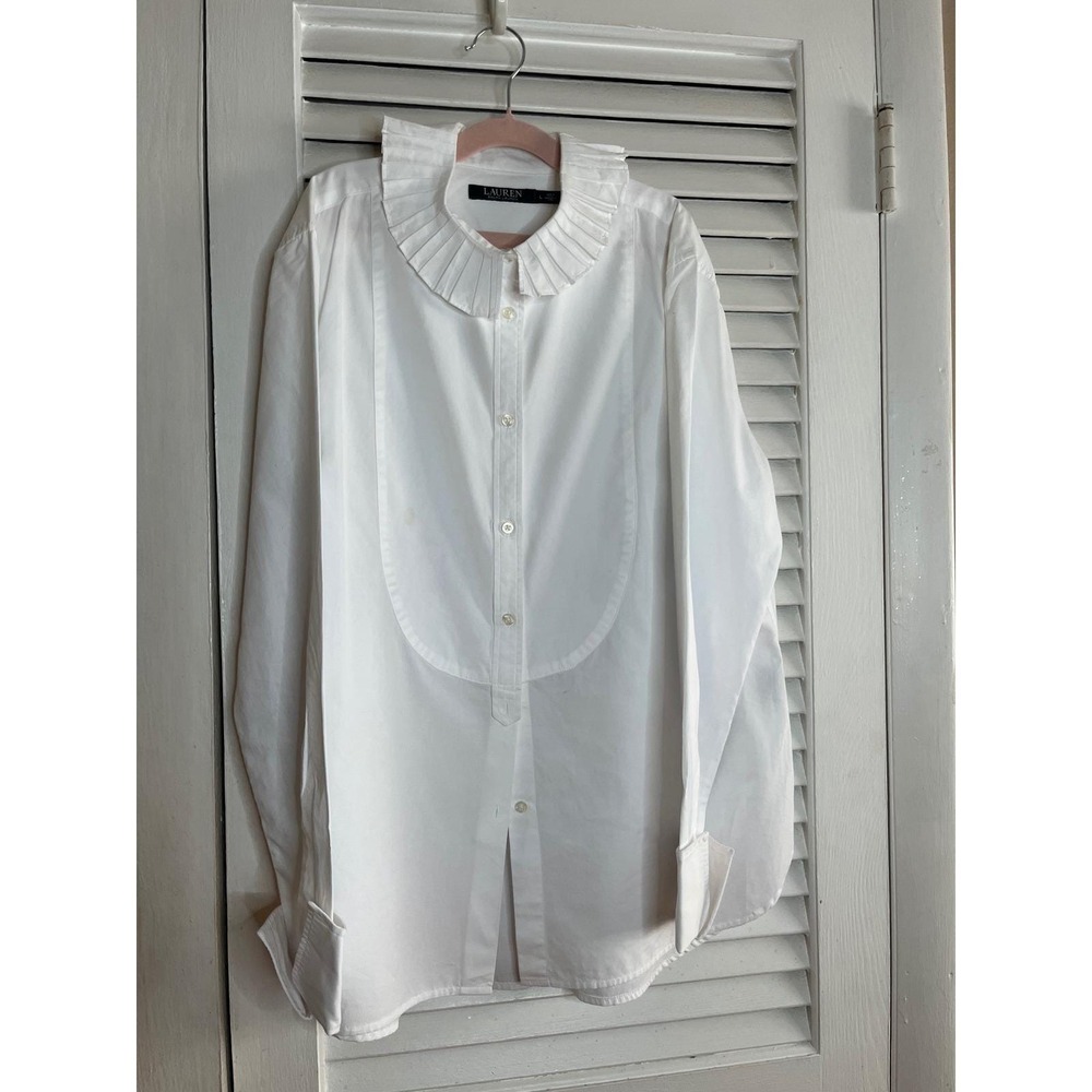 Lauren Ralph Lauren White Button-Down Shirt with Pleated Collar